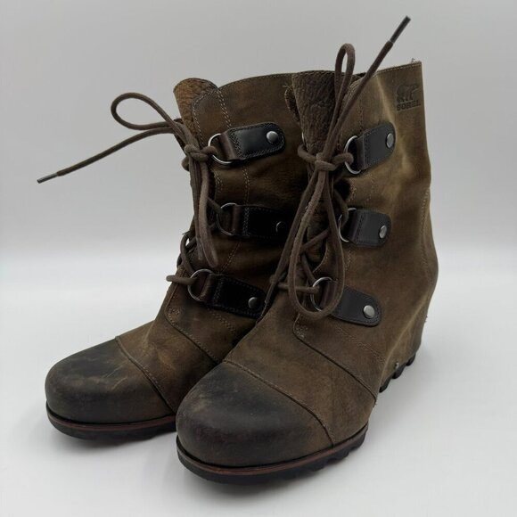 Sorel Joan Of Arctic Wedge Boots Brown Rustic Leather Lace-Up Womens Size 9 - Picture 1 of 9
